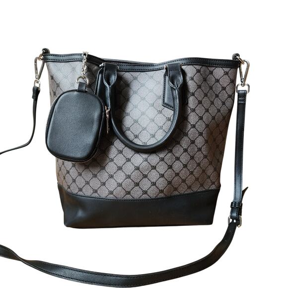 Steve Madden Monogram Purse Gray Black Tote Handbag Attached Wallet Shoulder Bag - Picture 1 of 13